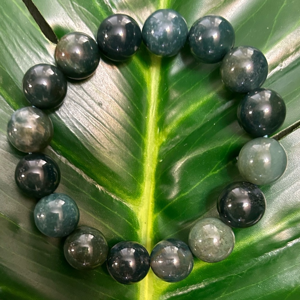 GORGEOUS chunky 12mm moss agate high quality handmade beaded bracelet